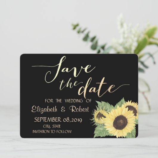 Robuust zwart, zonnebloemen bespaart de datum save the date (Staand voorkant)