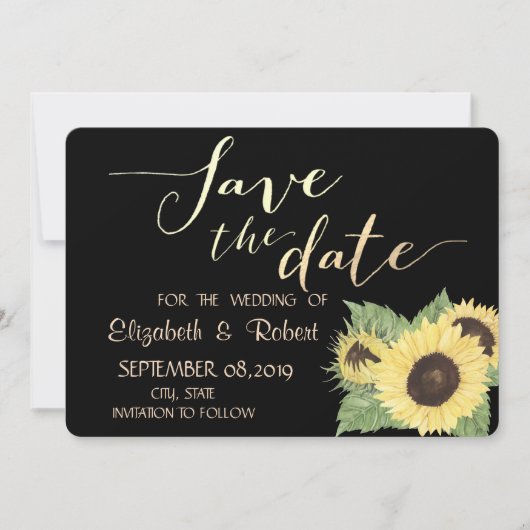 Robuust zwart, zonnebloemen bespaart de datum save the date (Voorkant)