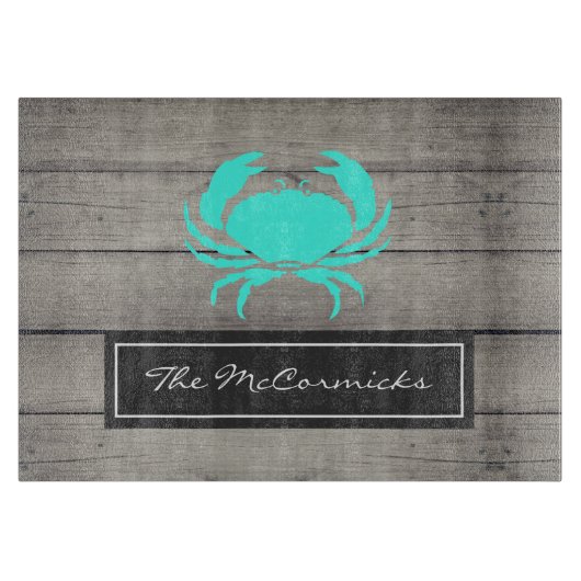 Robuuste Blauwgroen blauwe krab monogram naam Snijplank (Voorkant)