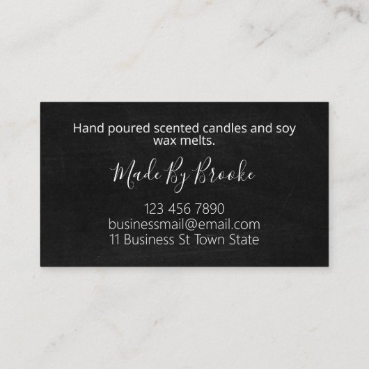 Robuuste bloemen, handgemaakte kaarsen en sojaswol visitekaartje (Achterkant)