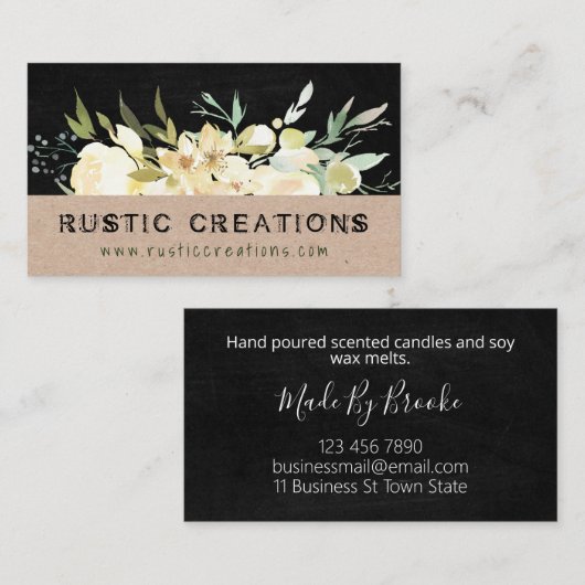 Robuuste bloemen, handgemaakte kaarsen en sojaswol visitekaartje (Voorkant / Achterkant)