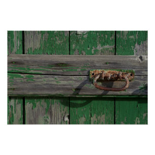Robuuste deurhandgreep op groene deur poster
