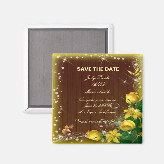 Robuuste, donkere houten geel flesje met de datum magneet (Voorkant / Achterkant)