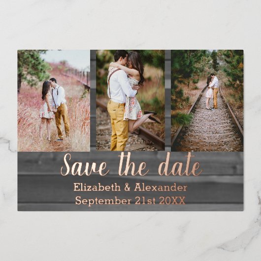 Robuuste fotocollage slaat de datumkaart op folie uitnodiging (Voorkant)