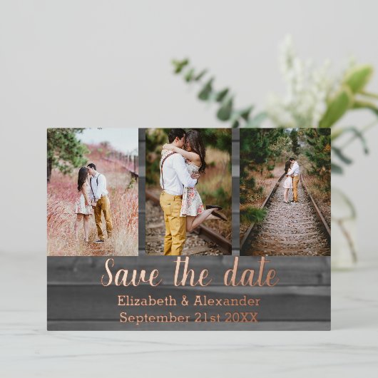 Robuuste fotocollage slaat de datumkaart op folie uitnodiging (Staand Voorkant)