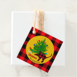 Robuuste kat, kerstboom, familienaam, rood slib bedankjes labels