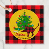 Robuuste kat, kerstboom, familienaam, rood slib bedankjes labels (Voorkant)