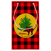 Robuuste kat, kerstboom, familienaam, rood slib klein cadeauzakje (Achterkant)