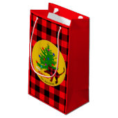 Robuuste kat, kerstboom, familienaam, rood slib klein cadeauzakje (Achterkant Gekanteld)