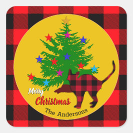 Robuuste kat, kerstboom, familienaam, rood slib vierkante sticker