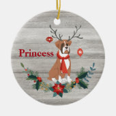 Robuuste kerstboxer Dog met Antlers Greenery Keramisch Ornament (Voorkant)