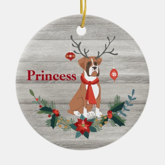 Robuuste kerstboxer Dog met Antlers Greenery Keramisch Ornament (Voorkant)