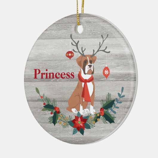 Robuuste kerstboxer Dog met Antlers Greenery Keramisch Ornament (Links)