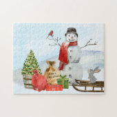 Robuuste kerstscene Snowman, sneeuw, boom Legpuzzel (Horizontaal)