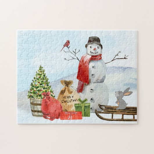 Robuuste kerstscene Snowman, sneeuw, boom Legpuzzel (Horizontaal)