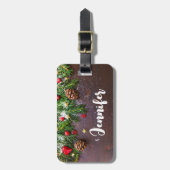 Robuuste kersttafel met pine en sneeuw bagagelabel (Voorkant verticaal)