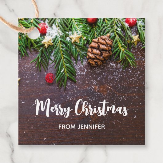 Robuuste kersttafel met pine en sneeuw bedankjes labels (Voorkant)