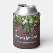 Robuuste kersttafel met pine en sneeuw blikjeskoeler (Blikje Voorkant)