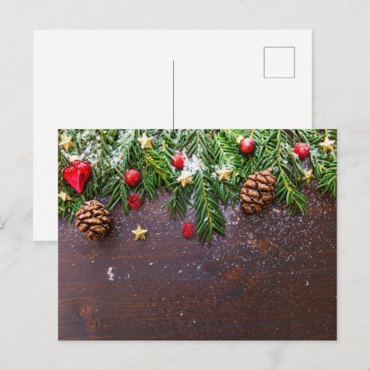Robuuste kersttafel met pine en sneeuw briefkaart (Voorkant / Achterkant)