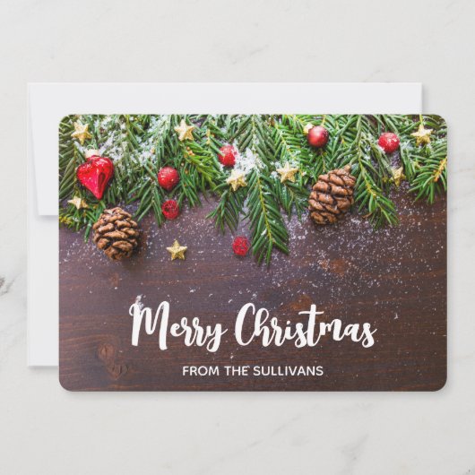 Robuuste kersttafel met pine en sneeuw feestdagenkaart (Voorkant)