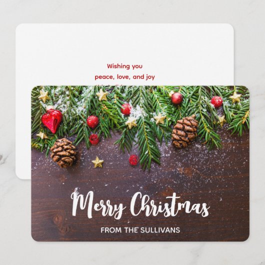 Robuuste kersttafel met pine en sneeuw feestdagenkaart (Voorkant / Achterkant)