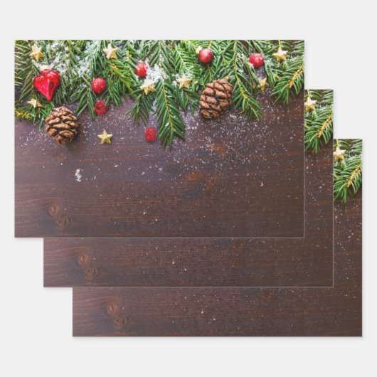 Robuuste kersttafel met pine en sneeuw inpakpapier vel (Set)