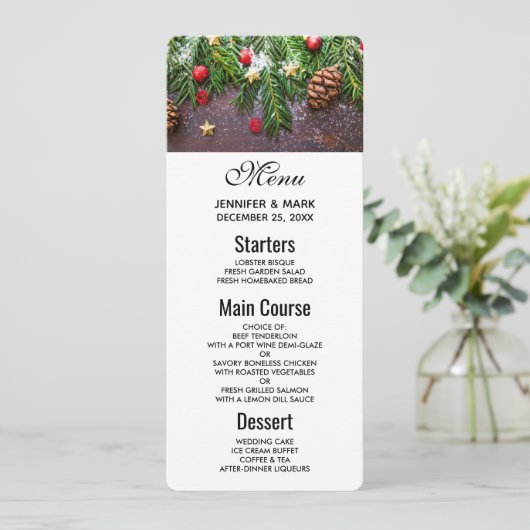 Robuuste kersttafel met pine en sneeuw kaart (Staand voorkant)