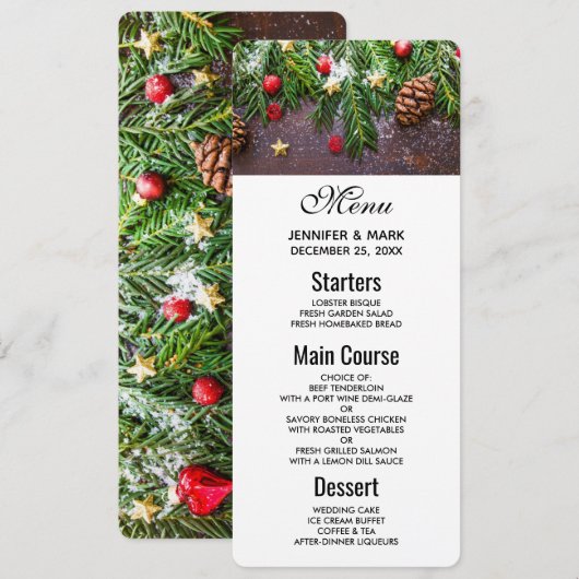 Robuuste kersttafel met pine en sneeuw kaart (Voorkant / Achterkant)