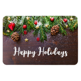 Robuuste kersttafel met pine en sneeuw magneet