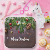 Robuuste kersttafel met pine en sneeuw papieren bordje (Feest)