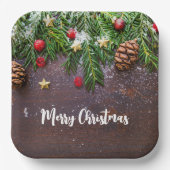 Robuuste kersttafel met pine en sneeuw papieren bordje (Voorkant)