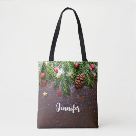 Robuuste kersttafel met pine en sneeuw tote bag