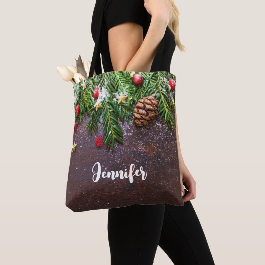 Robuuste kersttafel met pine en sneeuw tote bag (Dichtbij)