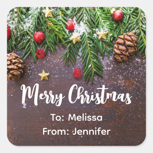 Robuuste kersttafel met pine en sneeuw vierkante sticker (Voorkant)