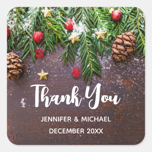 Robuuste kersttafel met pine en sneeuw vierkante sticker (Voorkant)