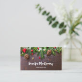 Robuuste kersttafel met pine en sneeuw visitekaartje (Staand voorkant)