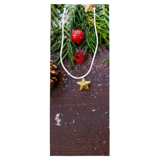 Robuuste kersttafel met pine en sneeuw wijn cadeautas (Achterkant)