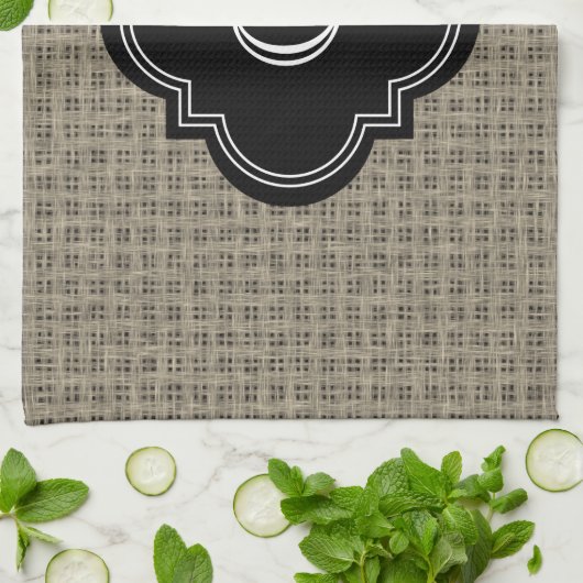 Robuuste landburlap, zwart monogram label theedoek (Gevouwen)