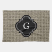 Robuuste landburlap, zwart monogram label theedoek (Horizontaal)