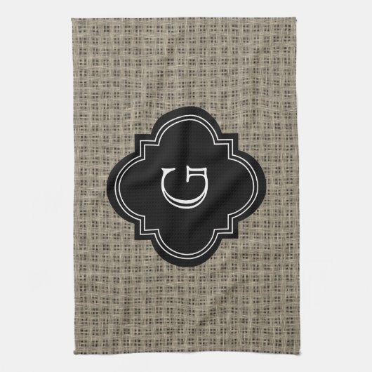 Robuuste landburlap, zwart monogram label theedoek (Verticaal)