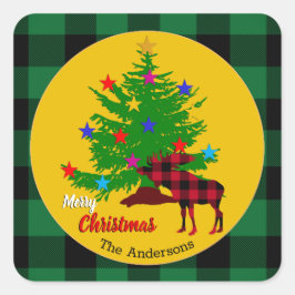 Robuuste mazen, kerstboom, familienaam, speldenban vierkante sticker