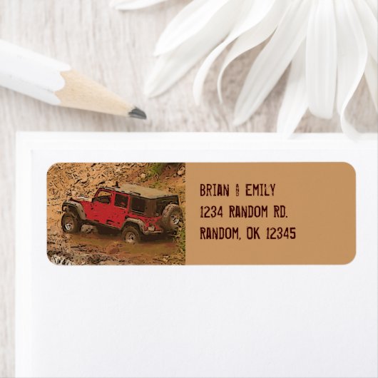 Robuuste rode modderige jeep wrangler aangepaste l etiket (Insitu)