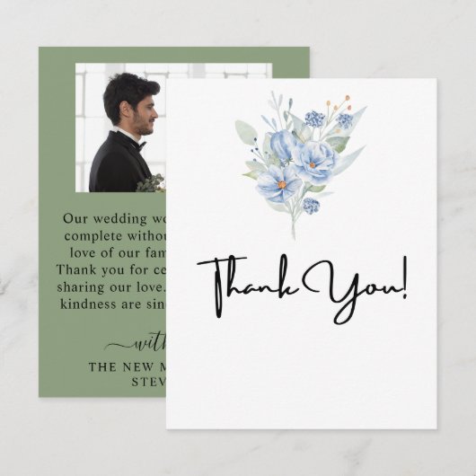 robuuste stoffige blauwe waterverf bloemen & blade bedankkaart (Voorkant / Achterkant)