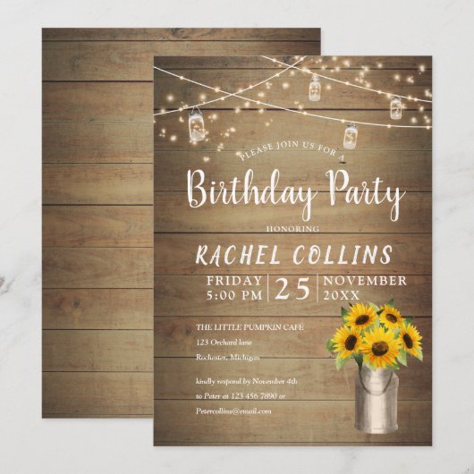 Robuuste zonnebloem in uitnodiging voor verjaardag (Voorkant / Achterkant)