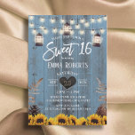 Robuuste zonnebloemen en lampions Dusty Blue Sweet Kaart<br><div class="desc">Rustic Sunflower & Lantern Dusty Blue Barn Wood Sweet 16 Birthday Invitations.</div>