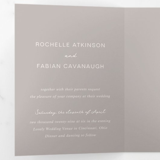 Rochelle Taupe Modern Hedendaags Elegant Bruiloft Drieluik Uitnodiging (Binnenzijde eerst)