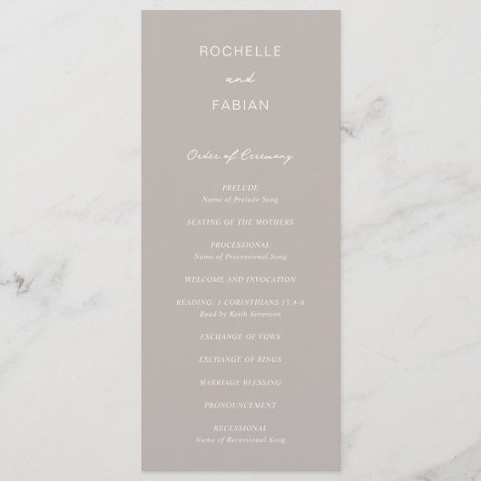 Rochelle Taupe Modern Hedendaags Elegant Bruiloft Programmakaart (Voorkant)