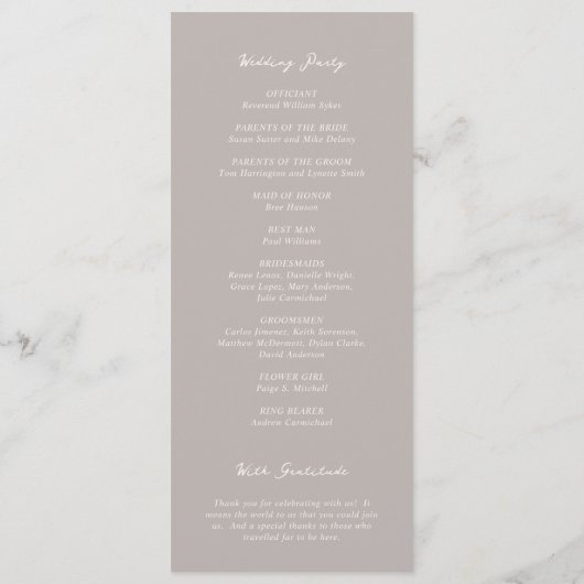 Rochelle Taupe Modern Hedendaags Elegant Bruiloft Programmakaart (Achterkant)