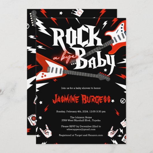 Rock a Bye Baby shower Uitnodiging, Gitaar Uitnodi Kaart (Voorkant / Achterkant)