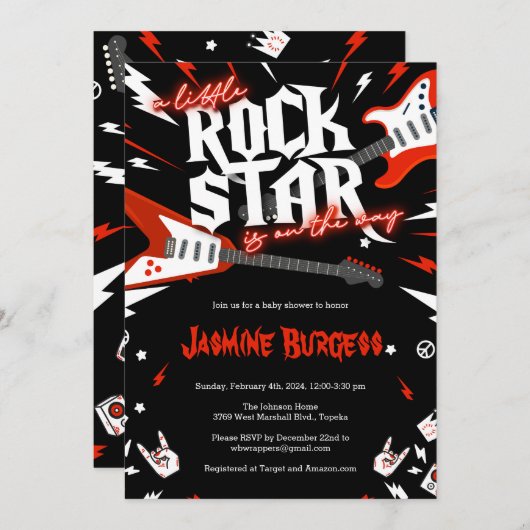 Rock a Bye Baby shower Uitnodiging, Gitaar Uitnodi Kaart (Voorkant / Achterkant)